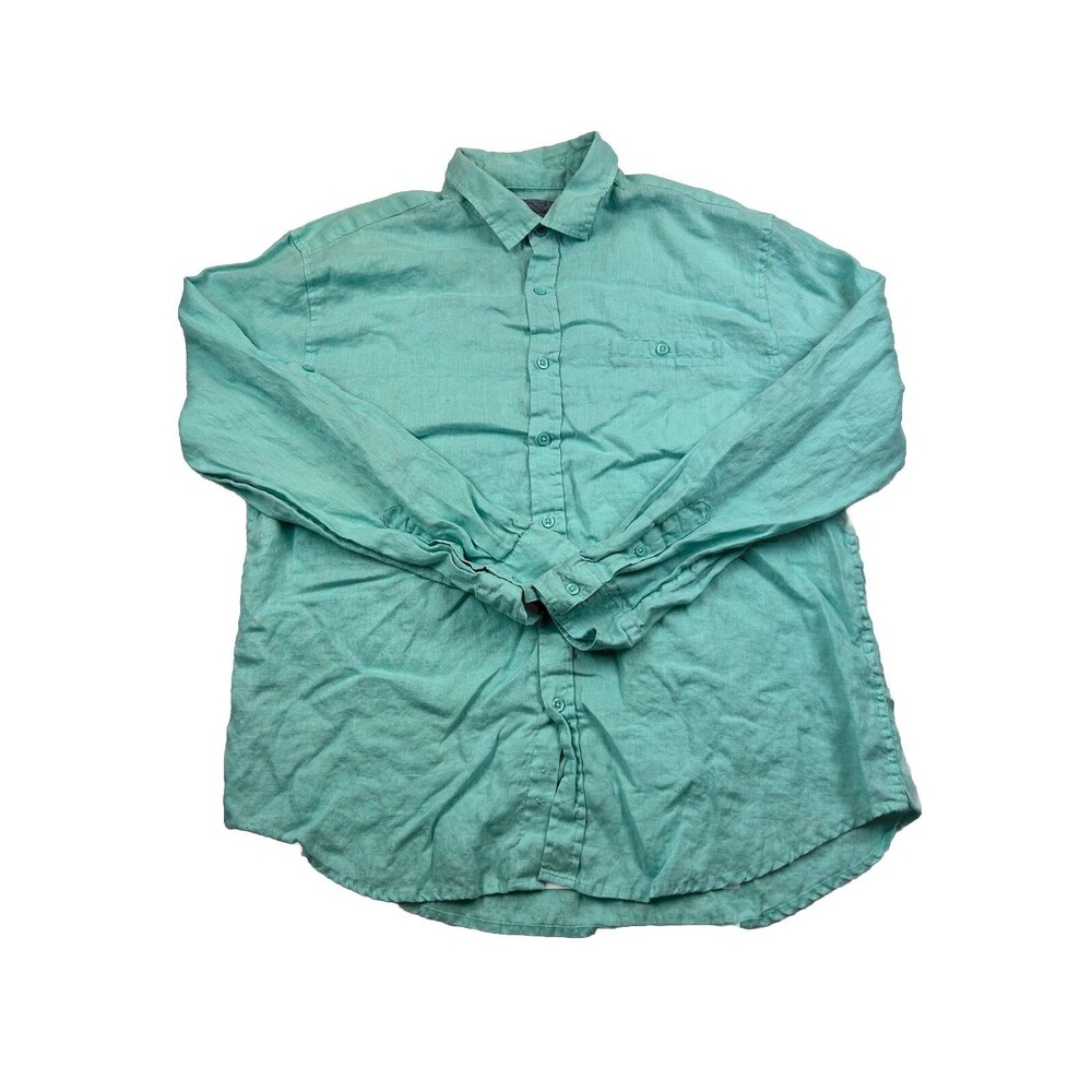 100% Linen Button Up Shirt Mint Green Mens XL Long Sleeve Bruno